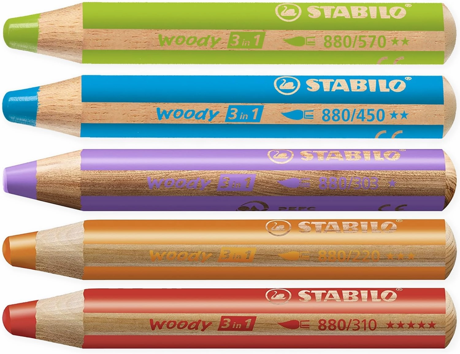 STABILO Multi-talented Pencil woody 3-in-1 - Box of 5 - Red, Orange, Leaf Green, Cyan Blue & Lilac   Sharpener