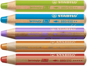 STABILO Multi-talented Pencil woody 3-in-1 - Box of 5 - Red, Orange, Leaf Green, Cyan Blue & Lilac   Sharpener