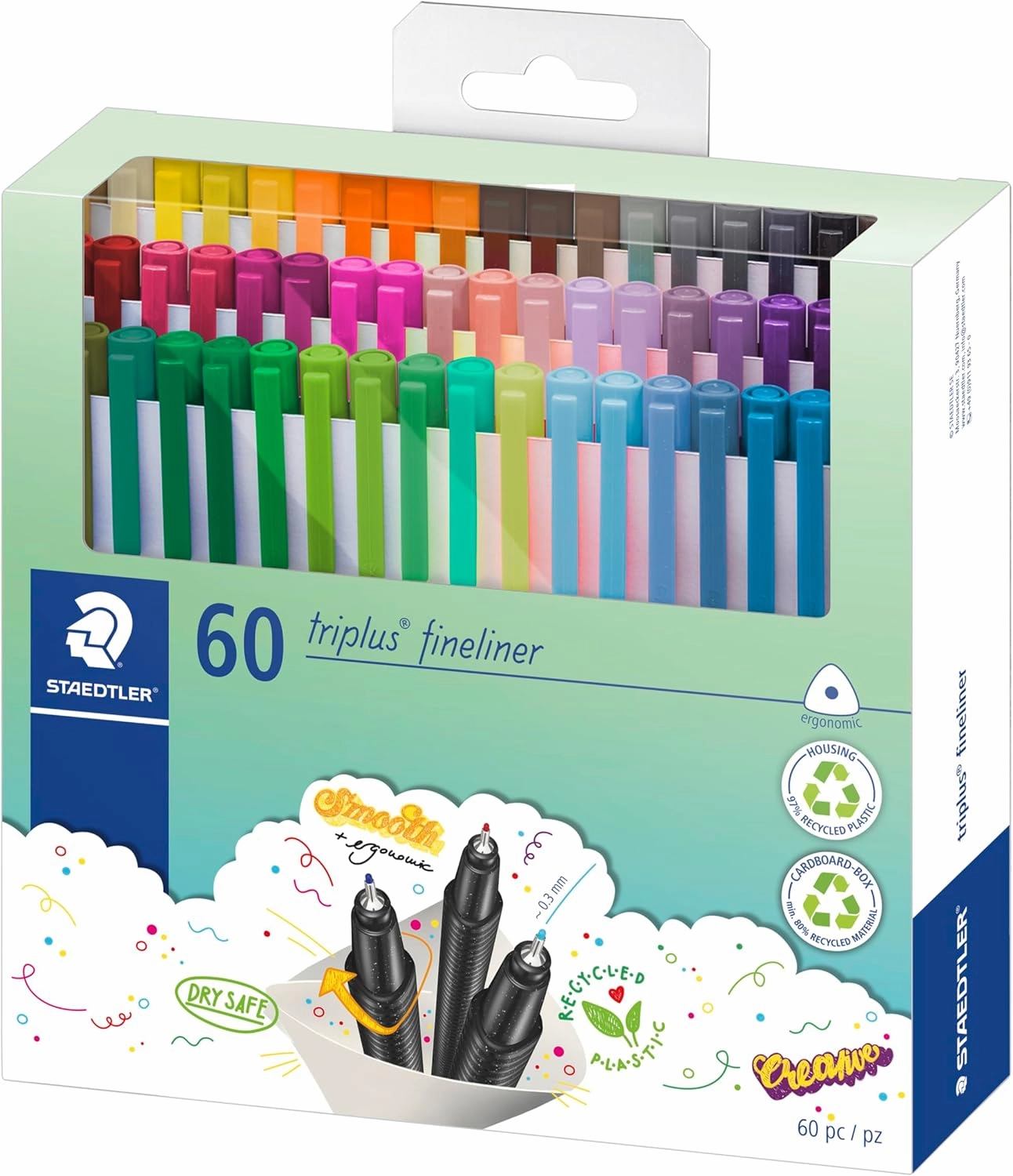 STAEDTLER 334 C60 Triplus Fineliner Superfine Pen, 0.3mm Line Width - Assorted Colours (Pack of 60)