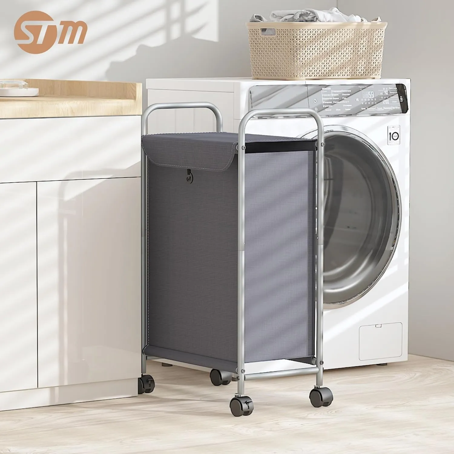 STORAGE MANIAC Rolling Laundry Hamper, Laundry Basket with Lockable Wheels, Double Clothes Sorter Cart, Small Clothes Separator Hamper for Closet, Bathroom, Laundrys Room, 1 Section Gray