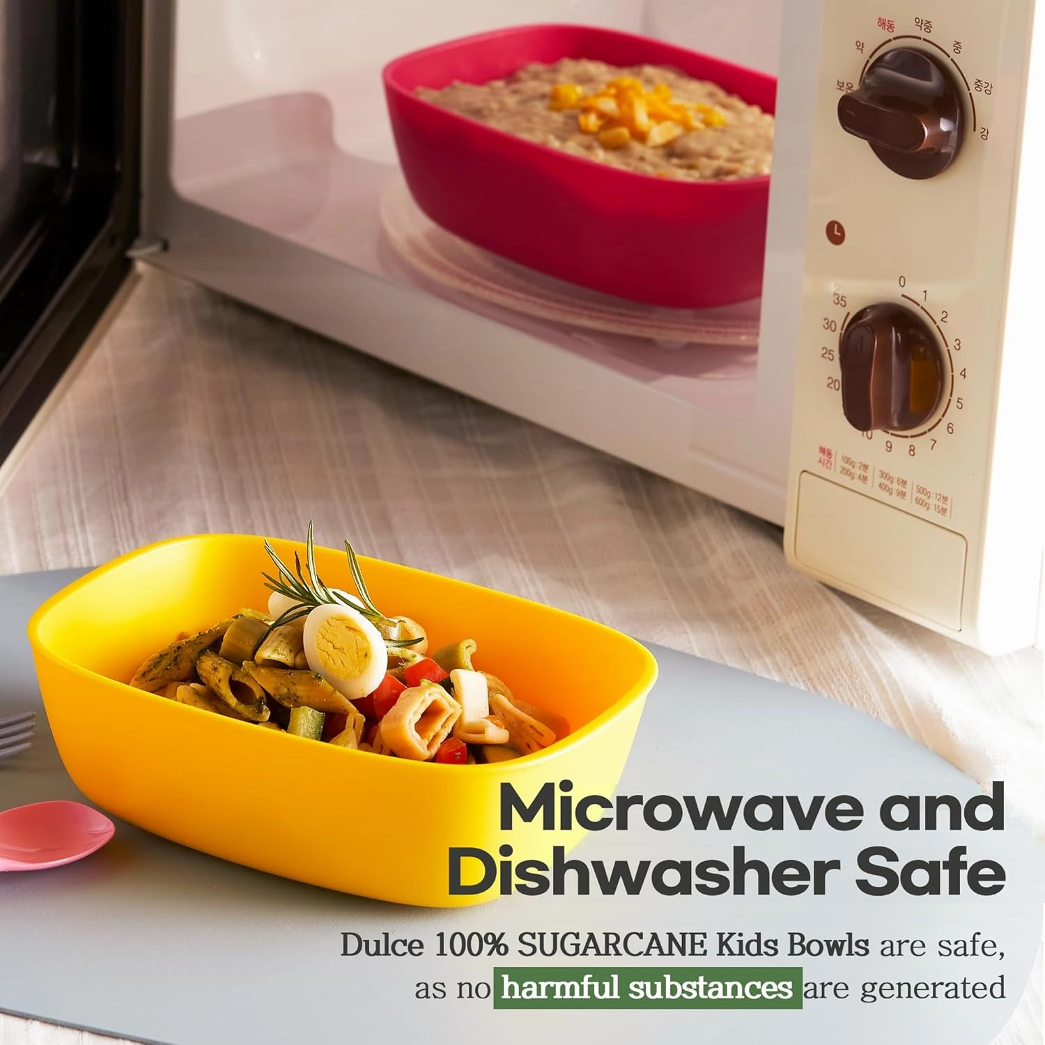 Sugarcane Kids Bowls 5Pack (27oz)   Coconut Pad 2Pc - Natural Plastic Dishes for Toddler to Big Kids - Fried Rice & Noodles – Microwaves & Dishwasher Safe – BPA Free, Unbreakable, Reusable - Multi