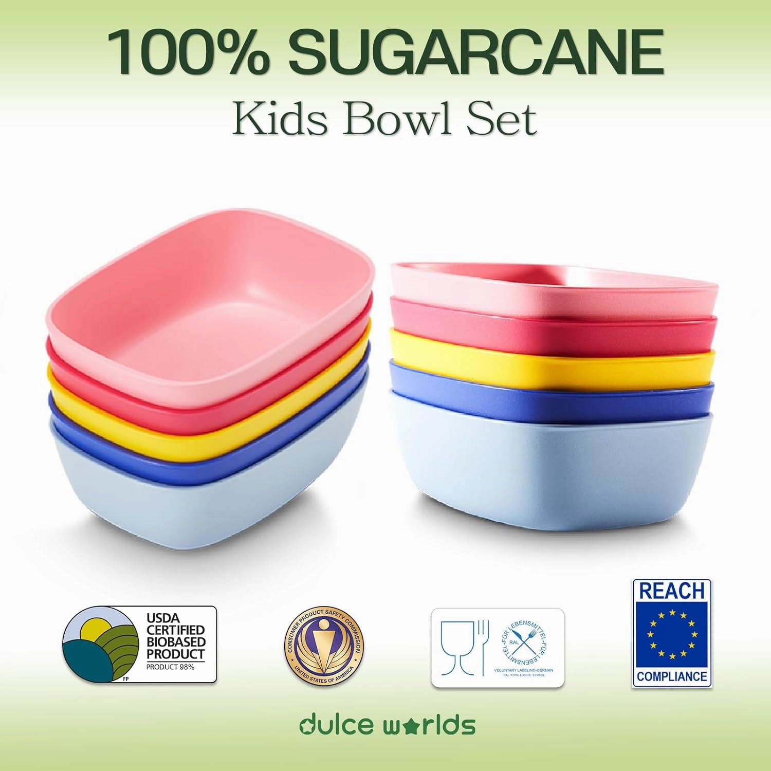 Sugarcane Kids Bowls 5Pack (27oz)   Coconut Pad 2Pc - Natural Plastic Dishes for Toddler to Big Kids - Fried Rice & Noodles – Microwaves & Dishwasher Safe – BPA Free, Unbreakable, Reusable - Multi