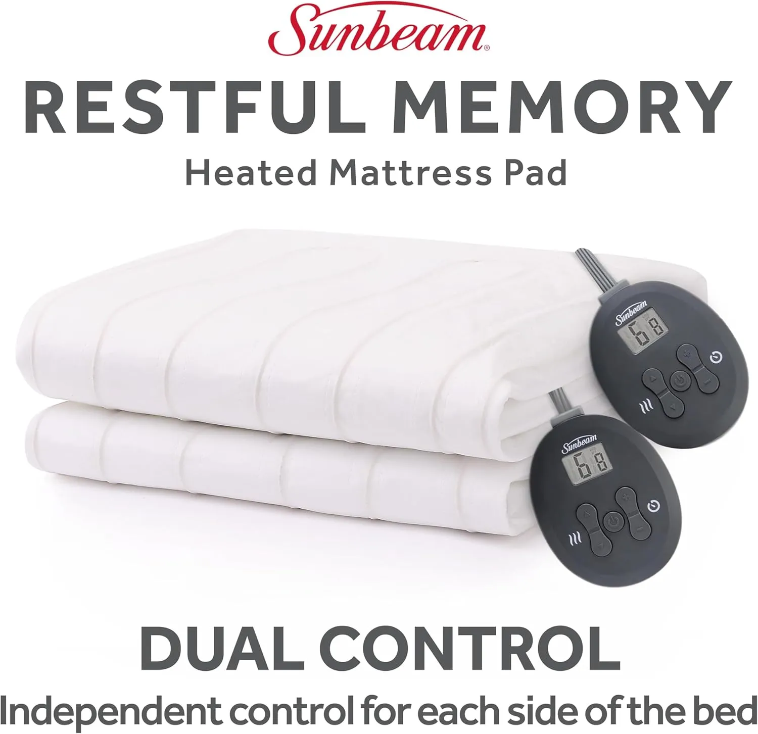 Sunbeam Electric Restful Heated Mattress Pad, 12 Heat Settings, 12-Hour Selectable Auto Shut-Off, Fast Heating, Warming Bed, Soft Cozy Fabric, Queen, 60" x 80"