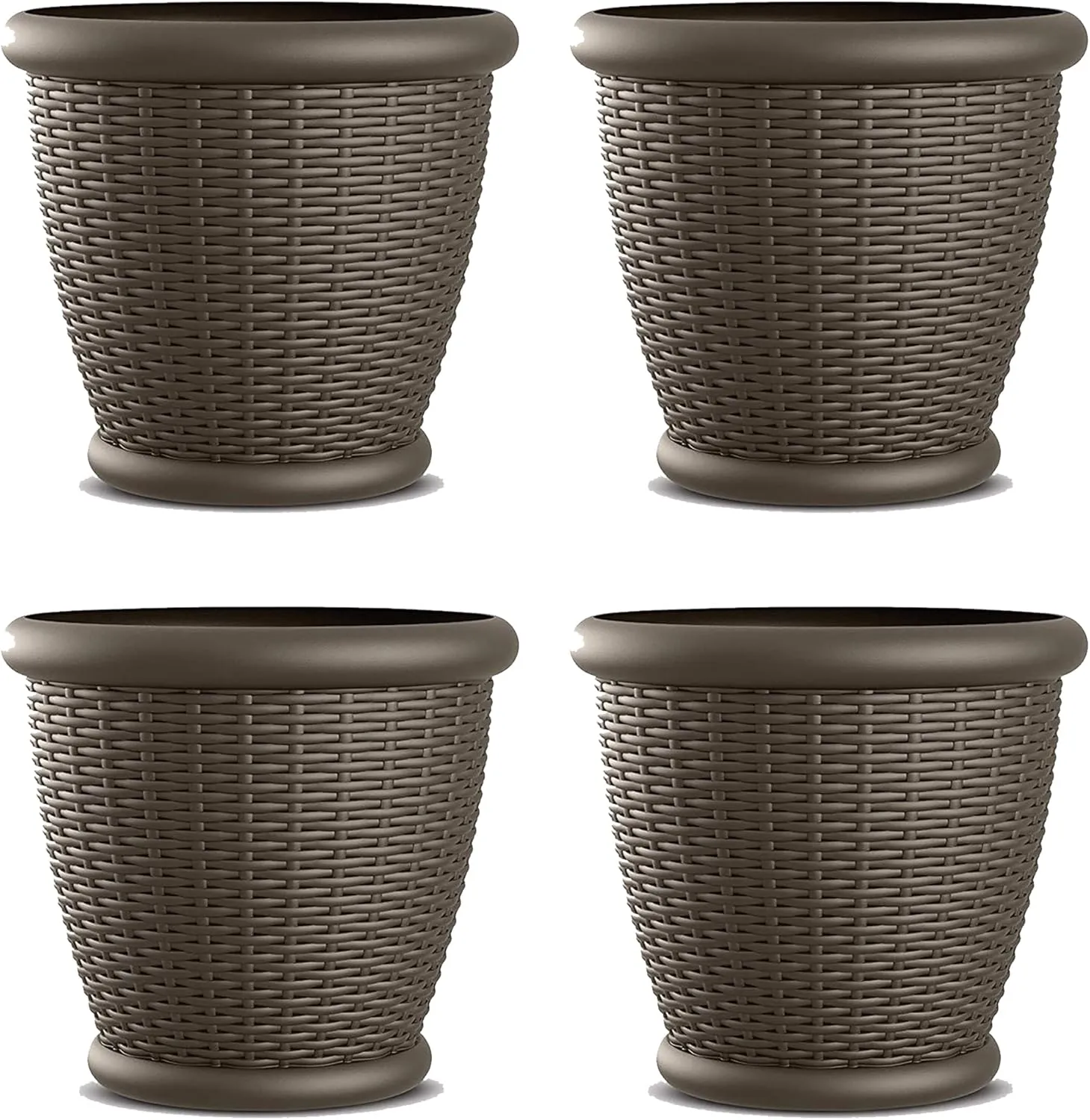 Suncast 4 Pack Wicker Planter w/Drillable Drain Holes, Decorative Indoor/Outdoor Pot, 18in, Java