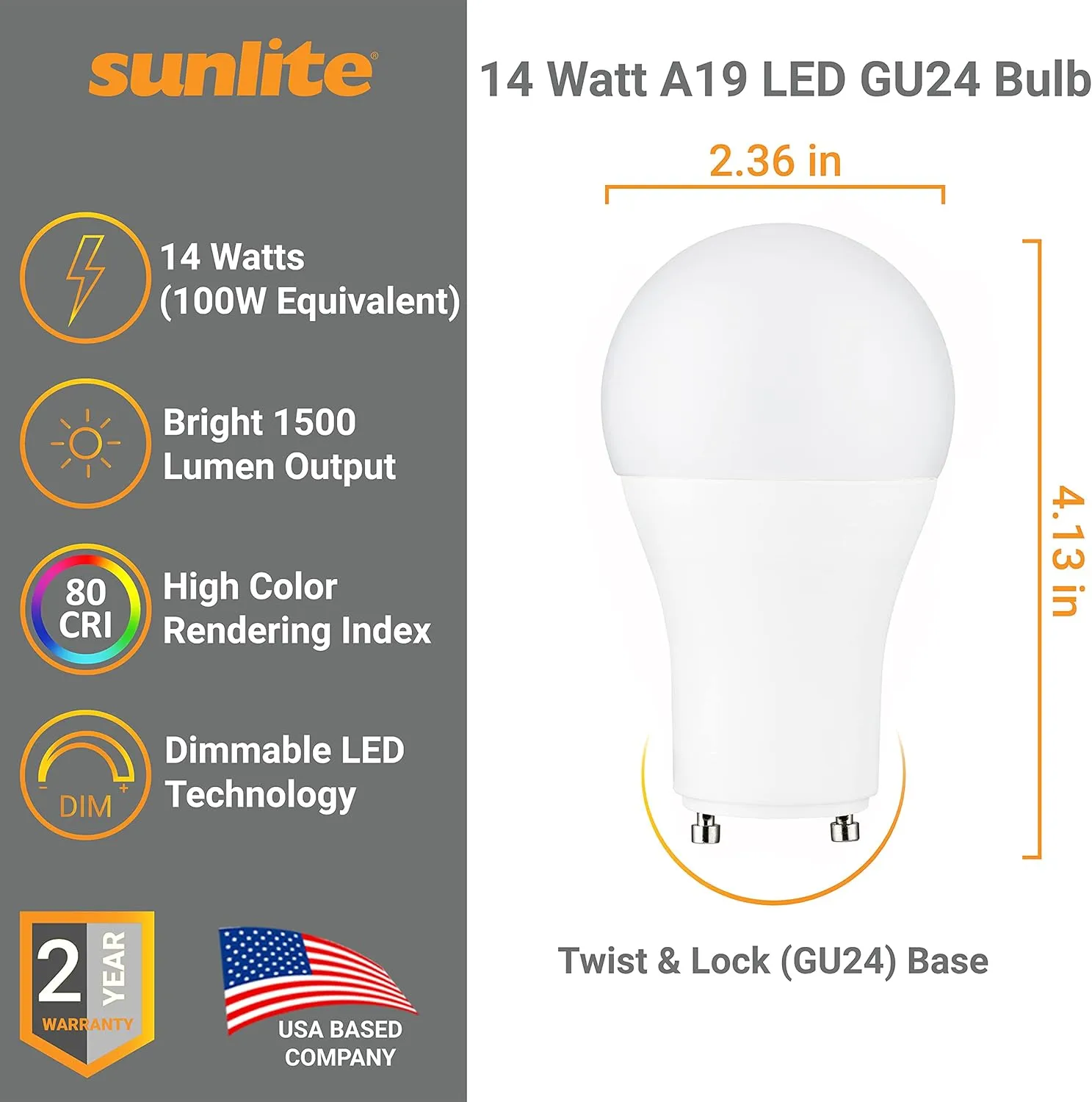 Sunlite A19 GU24 Dimmable Light Bulb, 14 Watts (100W Equivalent) 1500 Lumens, 2 Prong LED Twist and Lock Base, UL Listed, Rated for Enclosed Fixtures, 4000K Cool White, 4 Pack