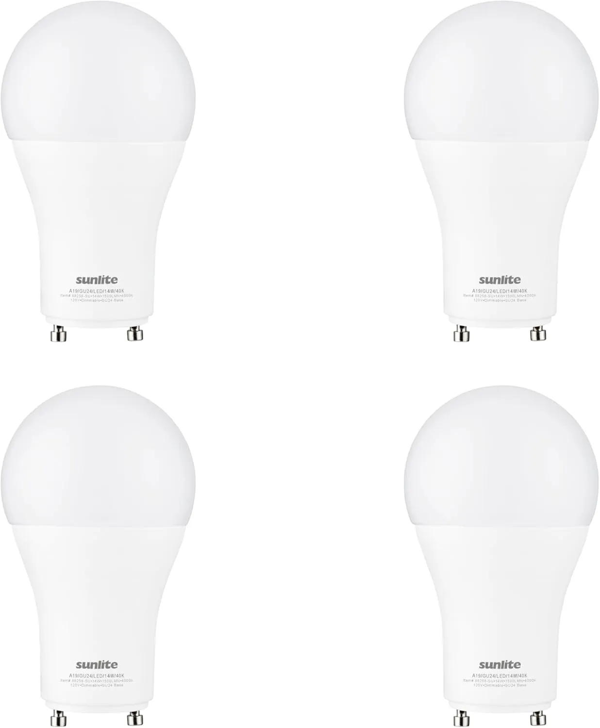 Sunlite A19 GU24 Dimmable Light Bulb, 14 Watts (100W Equivalent) 1500 Lumens, 2 Prong LED Twist and Lock Base, UL Listed, Rated for Enclosed Fixtures, 4000K Cool White, 4 Pack