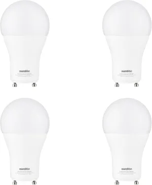 Sunlite A19 GU24 Dimmable Light Bulb, 14 Watts (100W Equivalent) 1500 Lumens, 2 Prong LED Twist and Lock Base, UL Listed, Rated for Enclosed Fixtures, 4000K Cool White, 4 Pack