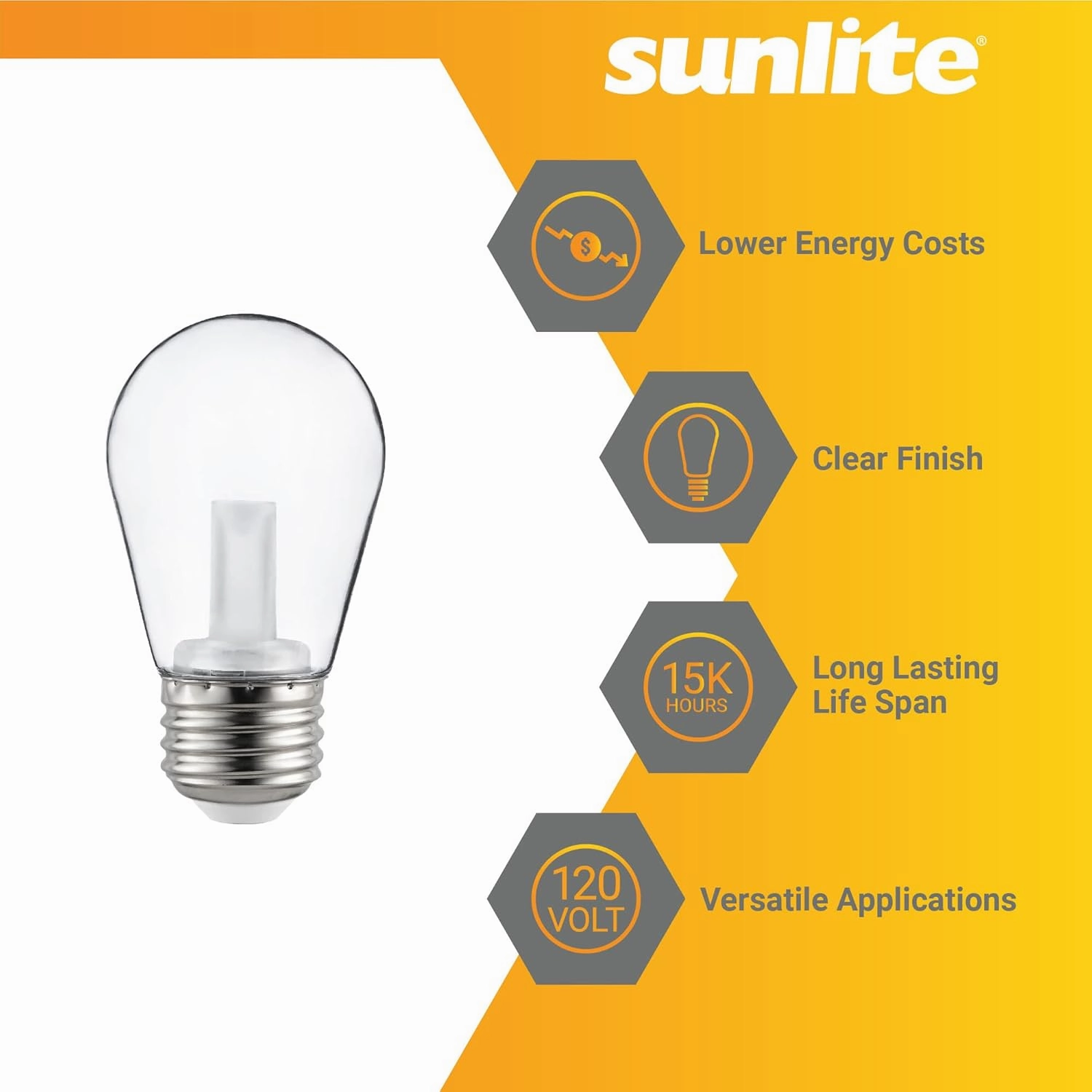 Sunlite 40989-SU LED S14 String Light Bulb, 1 Watt (10W Equivalent), 50 Lumens, Medium Base (E26), Non-Dimmable, ETL Listed, 2700K Soft White, Clear, 6 Count