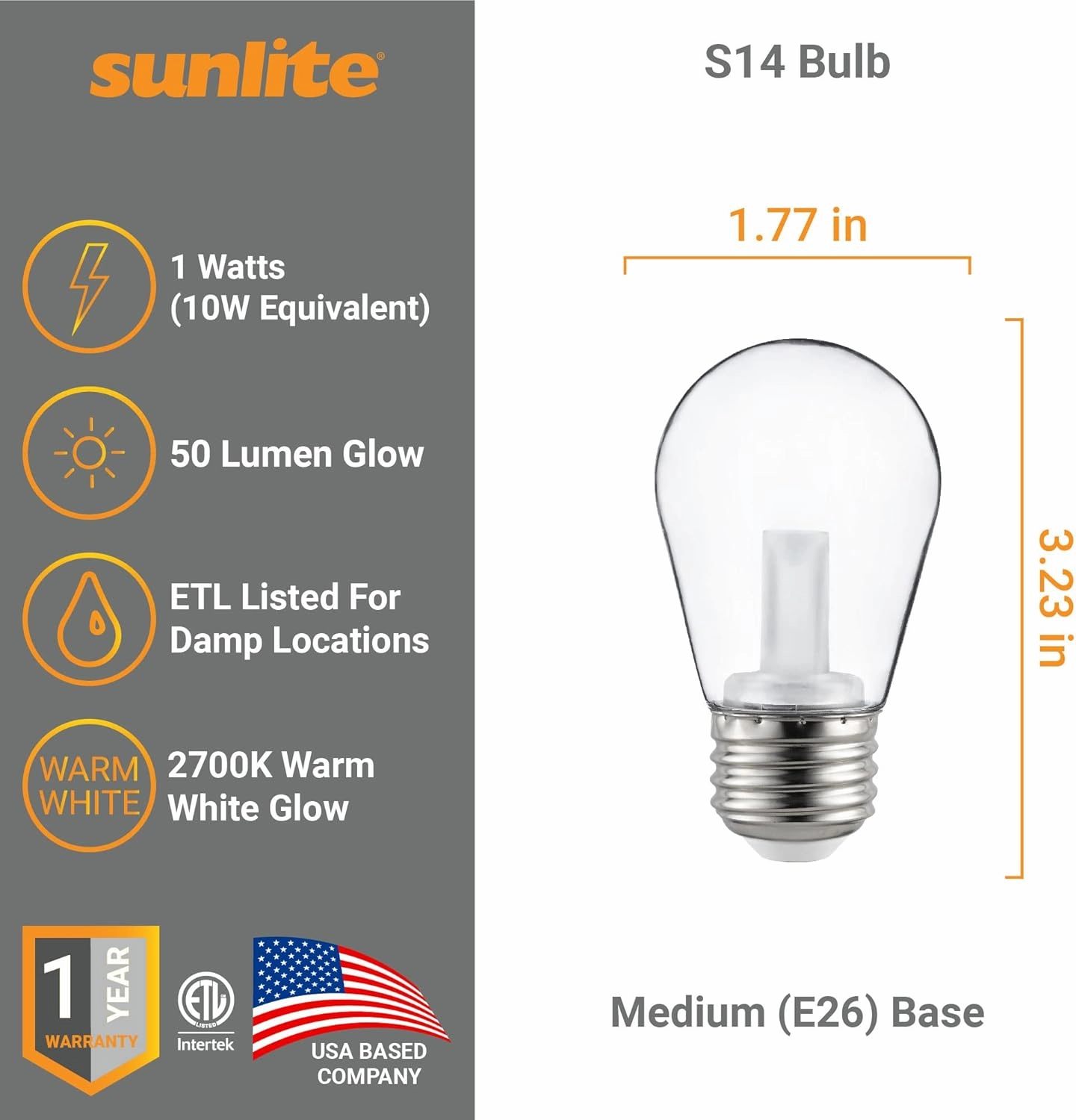Sunlite 40989-SU LED S14 String Light Bulb, 1 Watt (10W Equivalent), 50 Lumens, Medium Base (E26), Non-Dimmable, ETL Listed, 2700K Soft White, Clear, 6 Count