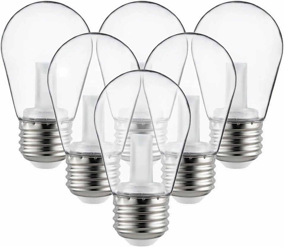 Sunlite 40989-SU LED S14 String Light Bulb, 1 Watt (10W Equivalent), 50 Lumens, Medium Base (E26), Non-Dimmable, ETL Listed, 2700K Soft White, Clear, 6 Count