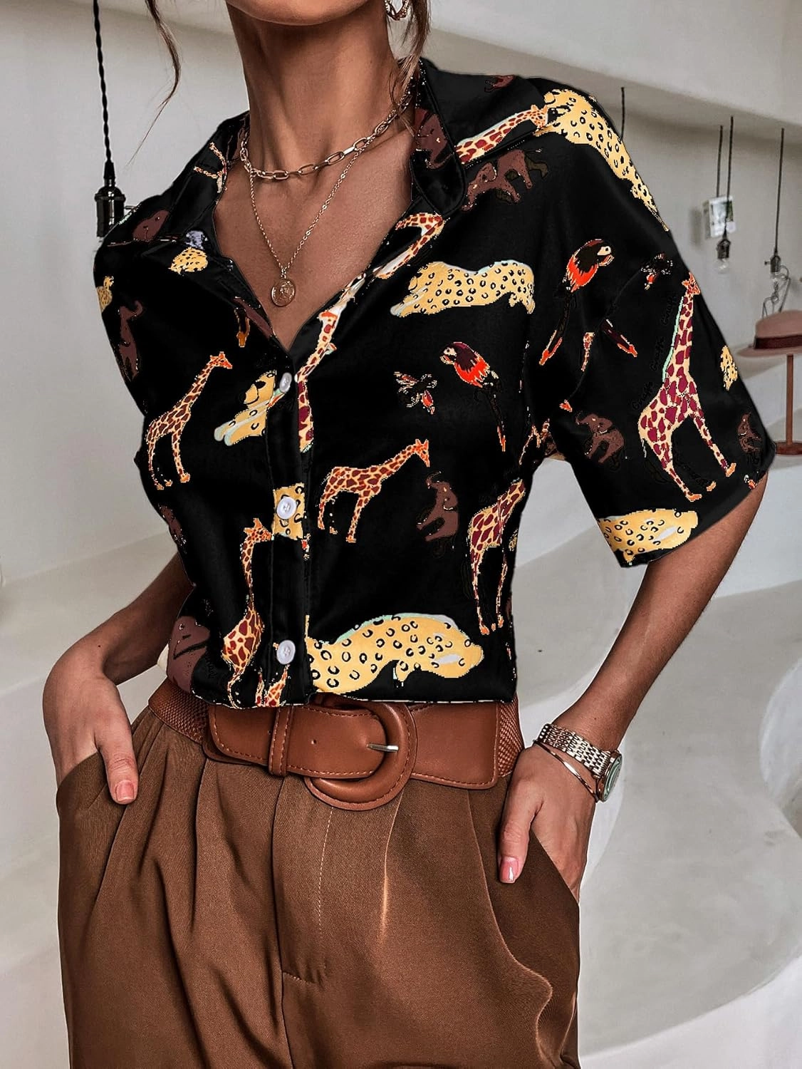 SweatyRocks Women's Short Sleeve Cute Print Button Down Shirt Tops