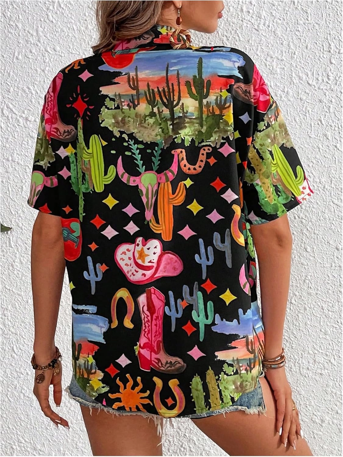 SweatyRocks Women's Short Sleeve Cute Print Button Down Shirt Tops