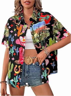 SweatyRocks Women's Short Sleeve Cute Print Button Down Shirt Tops