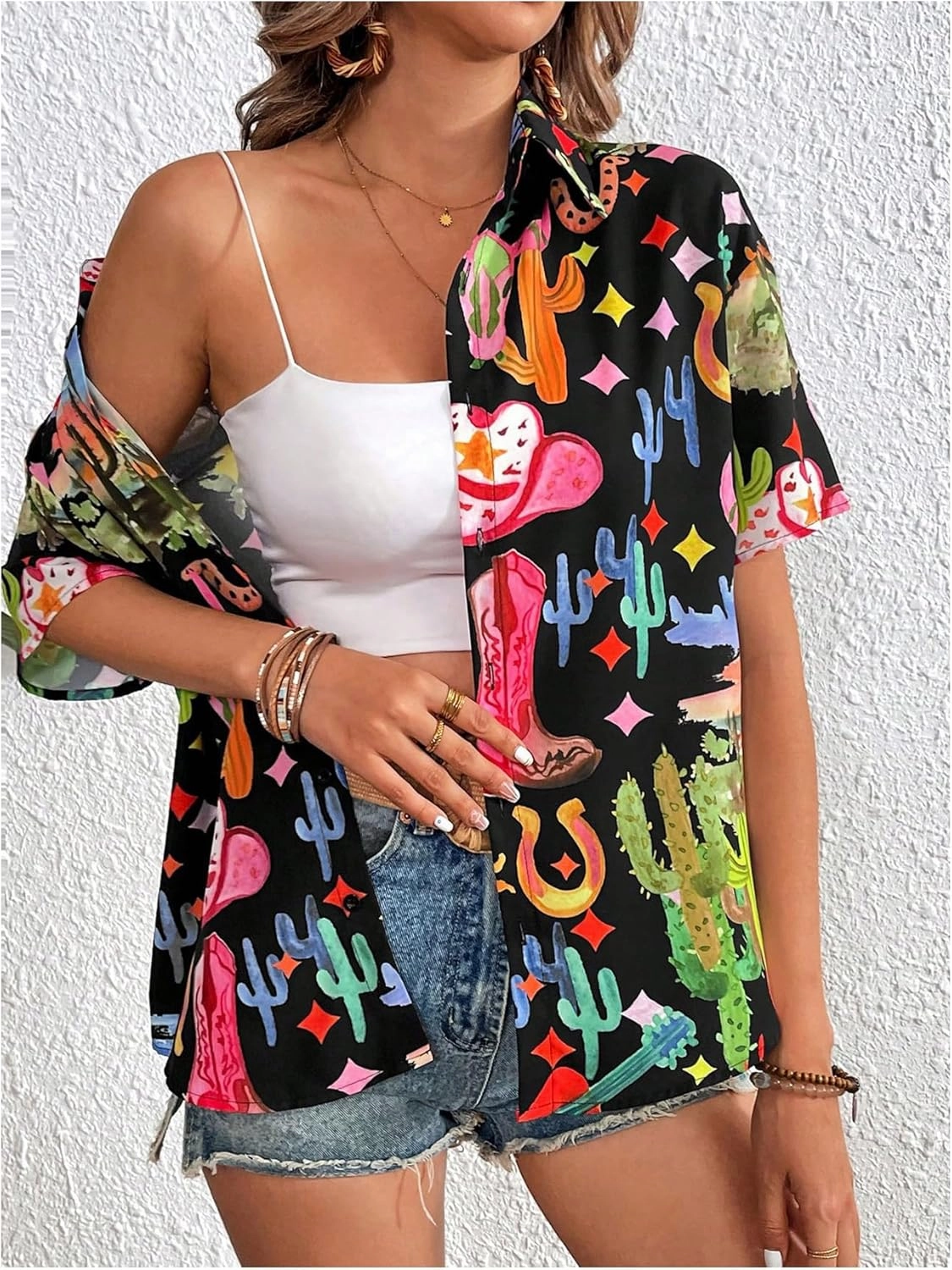 SweatyRocks Women's Short Sleeve Cute Print Button Down Shirt Tops