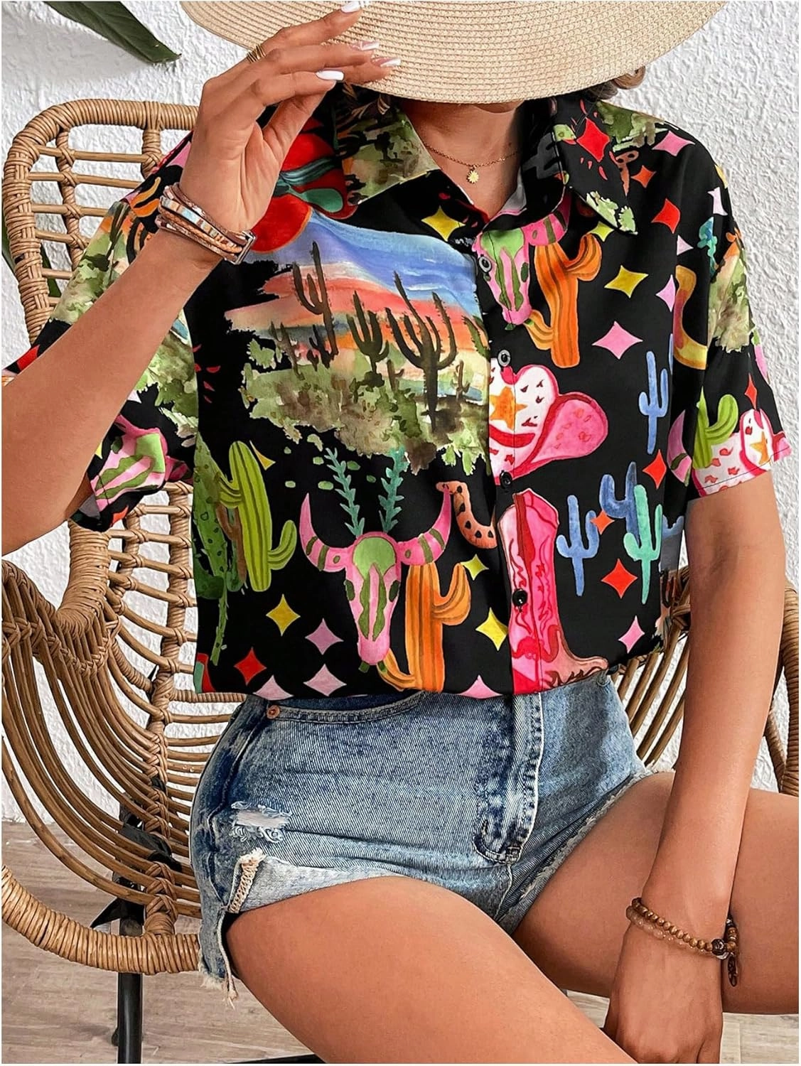 SweatyRocks Women's Short Sleeve Cute Print Button Down Shirt Tops