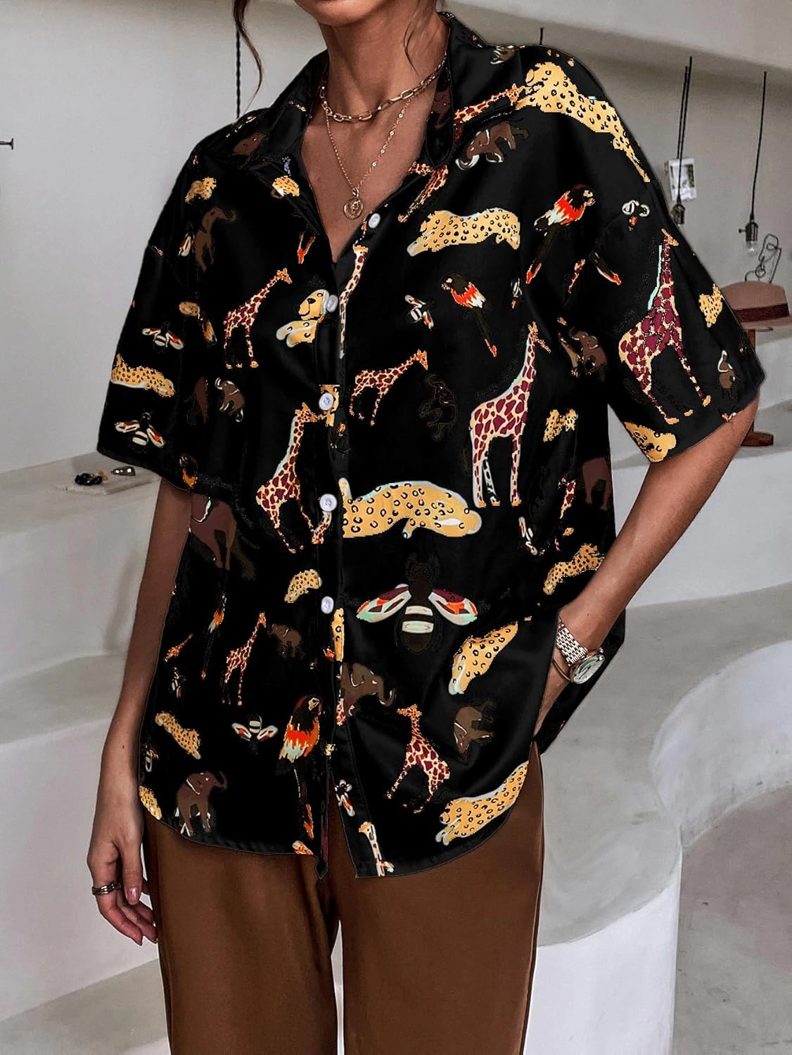SweatyRocks Women's Short Sleeve Cute Print Button Down Shirt Tops