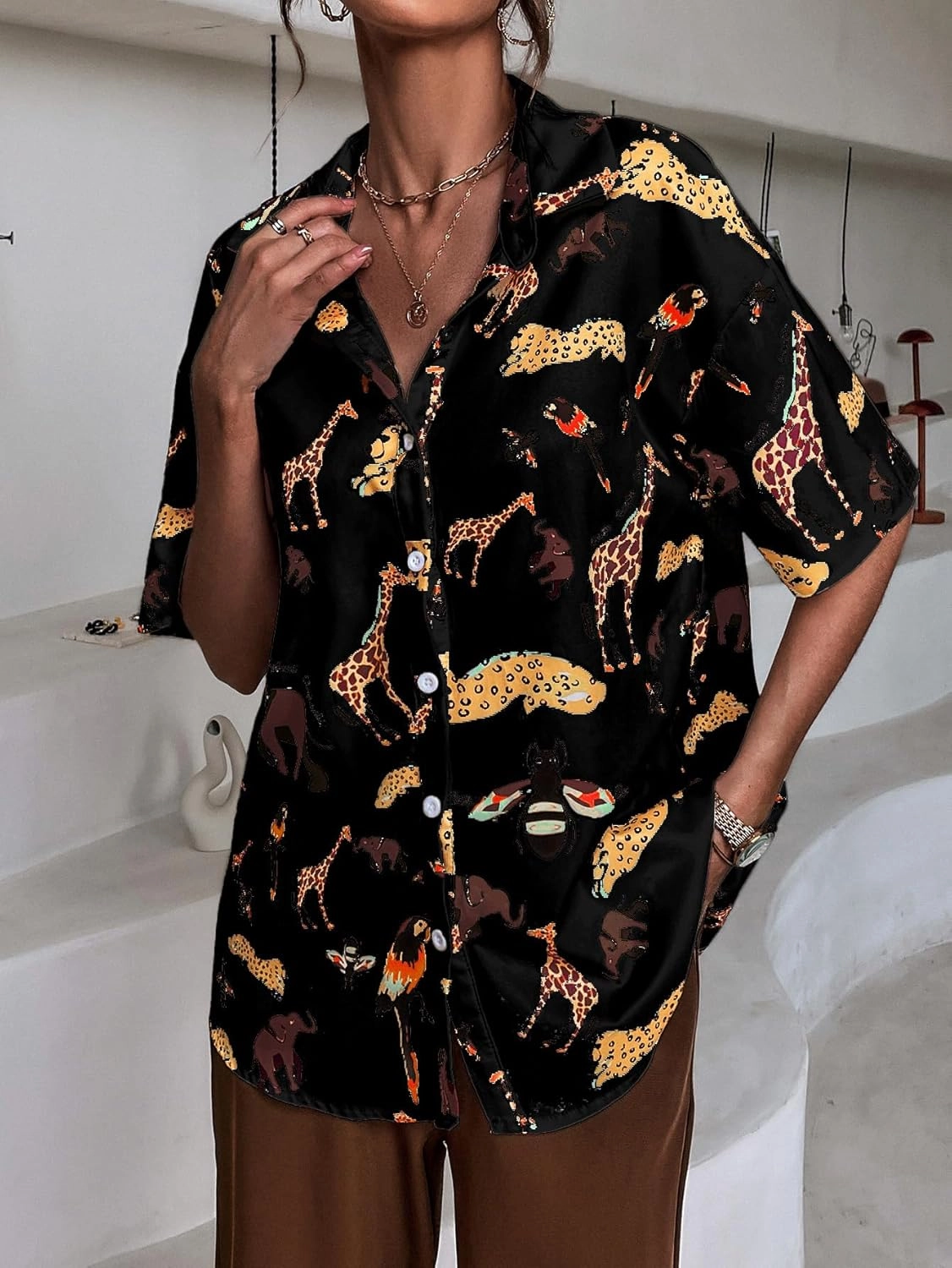 SweatyRocks Women's Short Sleeve Cute Print Button Down Shirt Tops