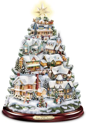 The Bradford Exchange Thomas Kinkade Songs of The Season Illuminated Musical Tabletop Christmas Tree Decoration with 8 Fully Sculptural Buildings That Light Up with 8 Holiday Xmas Melodies 12"-Inches
