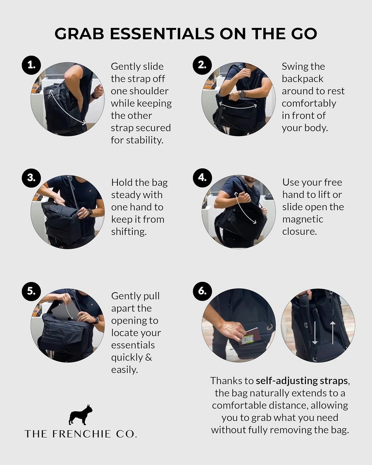 The Frenchie Co. Anti-Theft Speed Backpack, Slim Minimalist Backpack with Hidden Zippers and Cut-Resistant Design for Travel and Everyday Use, Made of Ballistic Nylon