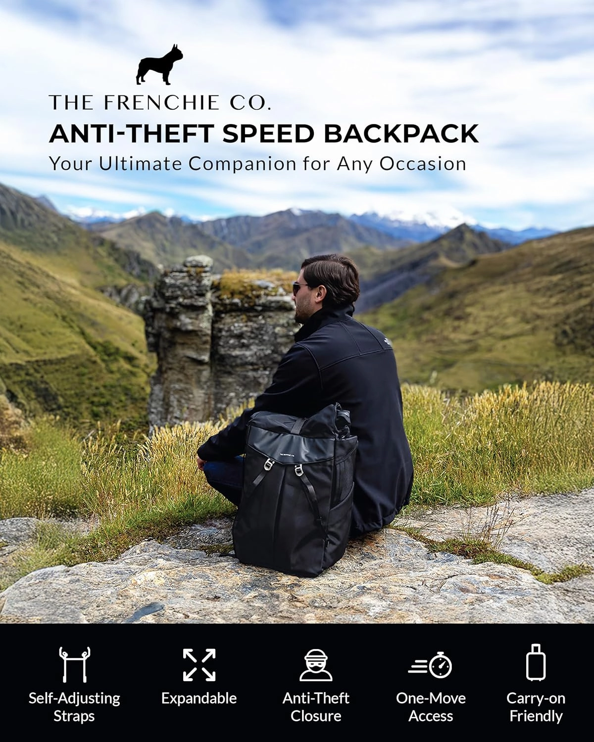 The Frenchie Co. Anti-Theft Speed Backpack, Slim Minimalist Backpack with Hidden Zippers and Cut-Resistant Design for Travel and Everyday Use, Made of Ballistic Nylon