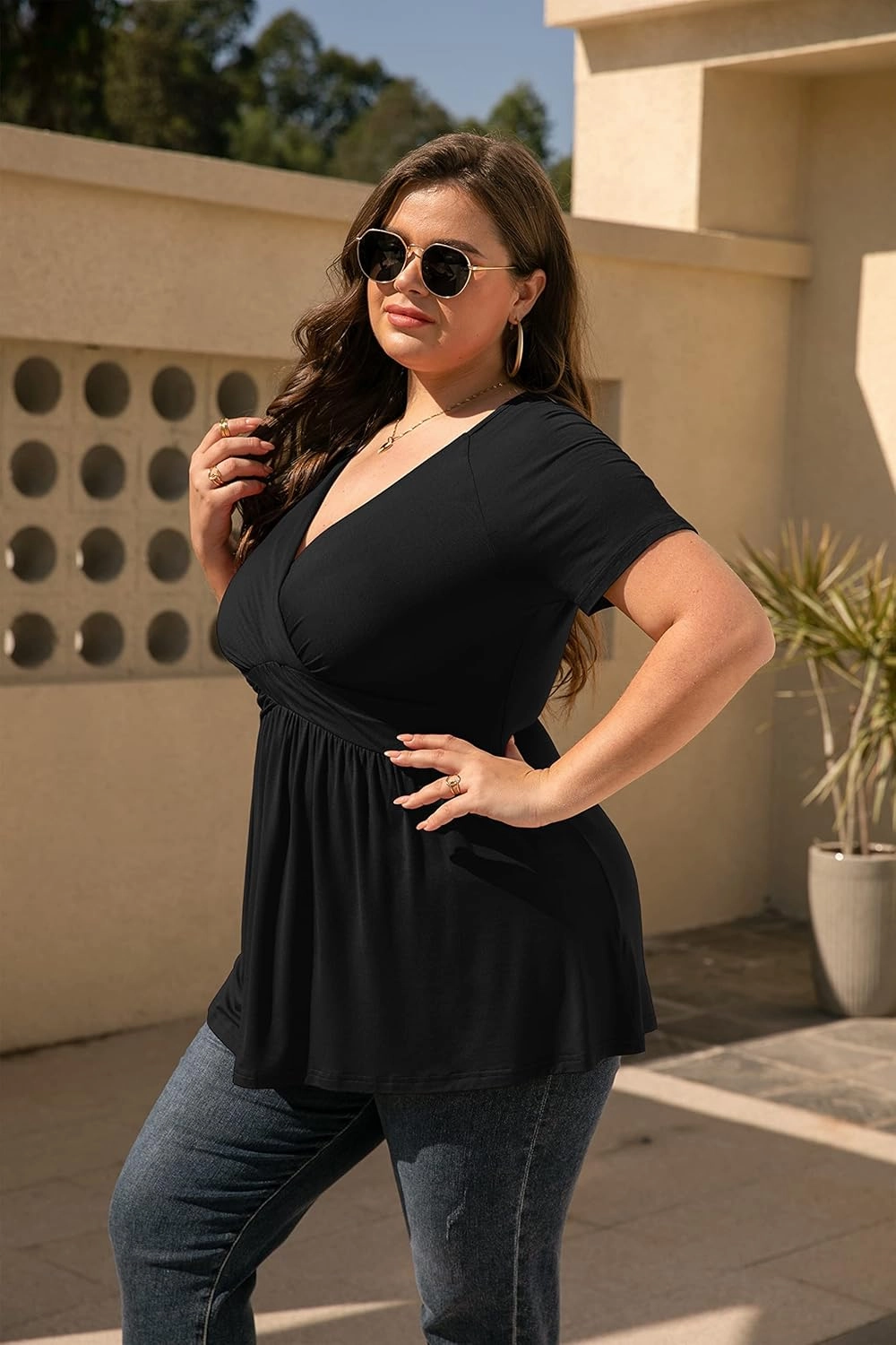 TIANZHU Women's Plus Size Dressy Tops Wrap Shirt Short Sleeve Tunic Top V Neck Low Cut Cute Blouse