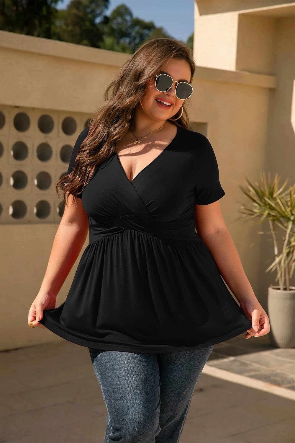 TIANZHU Women's Plus Size Dressy Tops Wrap Shirt Short Sleeve Tunic Top V Neck Low Cut Cute Blouse