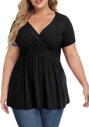 TIANZHU Women's Plus Size Dressy Tops Wrap Shirt Short Sleeve Tunic Top V Neck Low Cut Cute Blouse
