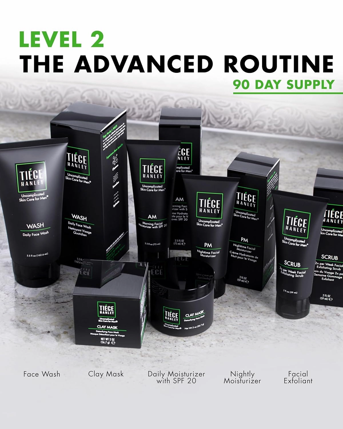 Tiege Hanley 90-Day Large Advanced Skin Care Routine for Men - Face Wash Kit for Fines Lines - Men's Skincare Set Includes Face Wash, Facial Scrub, Moisturizer, & Clay Mask