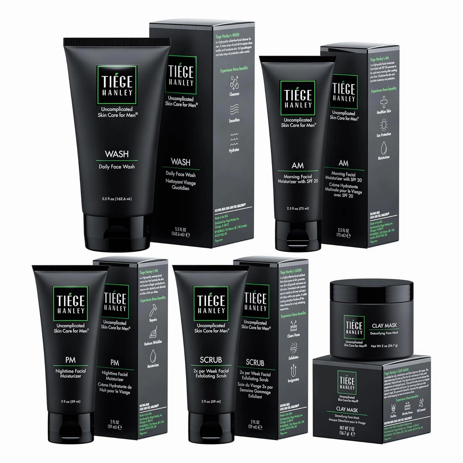 Tiege Hanley 90-Day Large Advanced Skin Care Routine for Men - Face Wash Kit for Fines Lines - Men's Skincare Set Includes Face Wash, Facial Scrub, Moisturizer, & Clay Mask