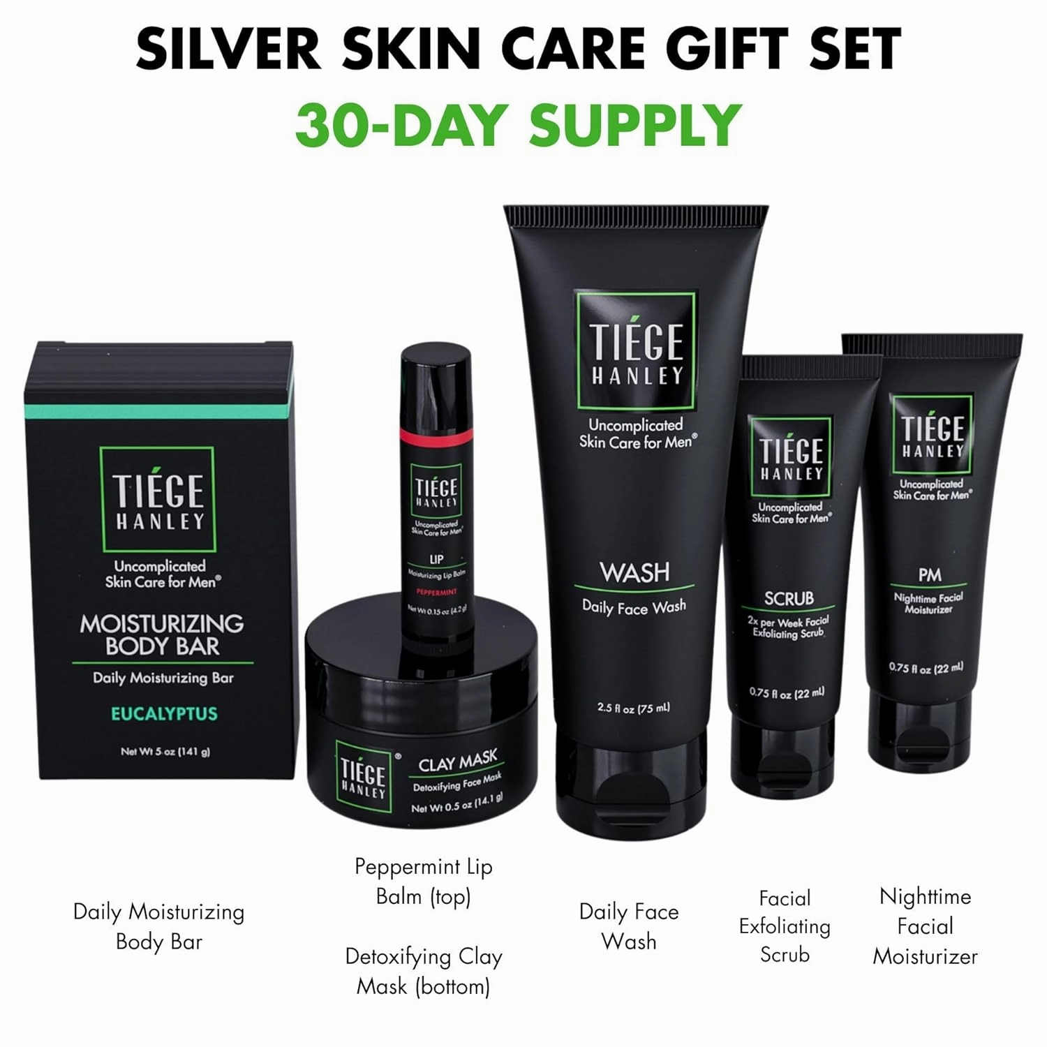 Tiege Hanley Men’s Skin Care Gift Set – Best Father’s Day Gift for Dad – Silver Grooming Kit with Face Wash, Exfoliating Scrub, Moisturizer, Clay Mask, Lip Balm & Body Soap Bar – Top Gift for Dad