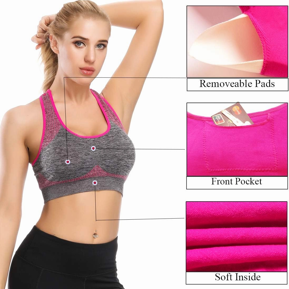 TOBWIZU Sports Bras for Women, Medium Support Yoga Gym Activewear Bras with Pocket