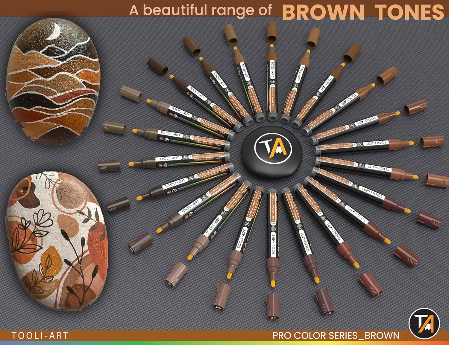 TOOLI-ART 22 Acrylic Paint Markers Pens Pro Color Series Set 3mm Medium Tip for Rock Painting, Glass, Mugs, Wood, Metal, Glass, Canvas, DIY. Non Toxic, Waterbased, Quick Drying (BROWN)