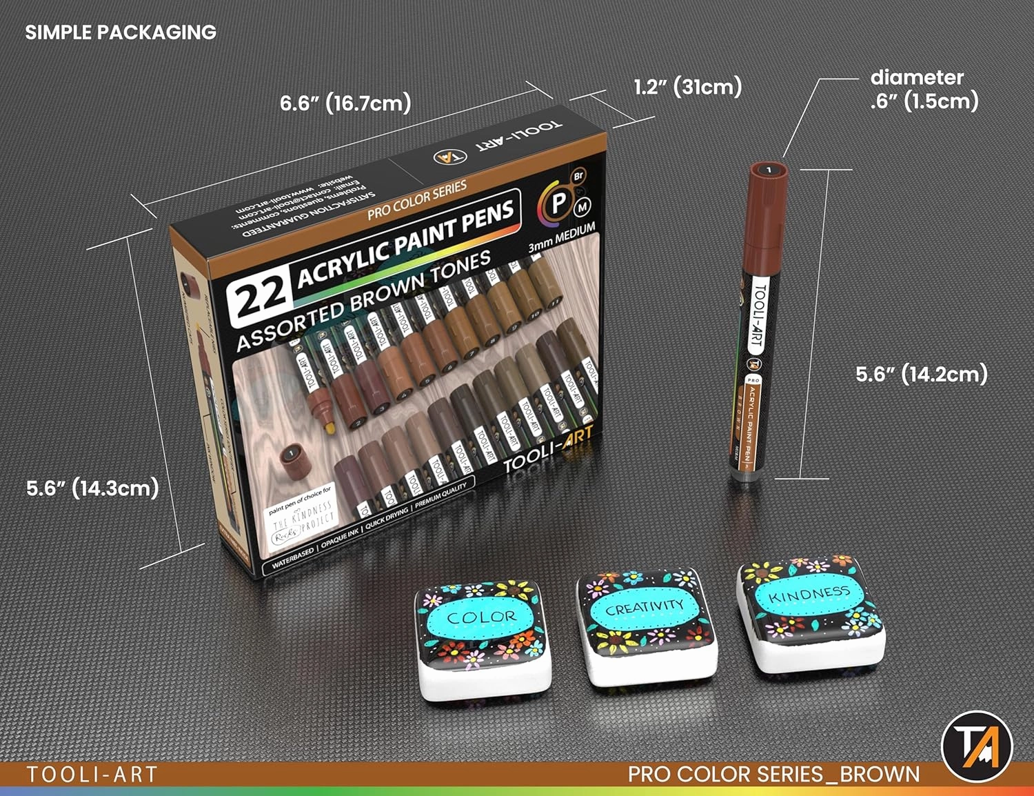 TOOLI-ART 22 Acrylic Paint Markers Pens Pro Color Series Set 3mm Medium Tip for Rock Painting, Glass, Mugs, Wood, Metal, Glass, Canvas, DIY. Non Toxic, Waterbased, Quick Drying (BROWN)