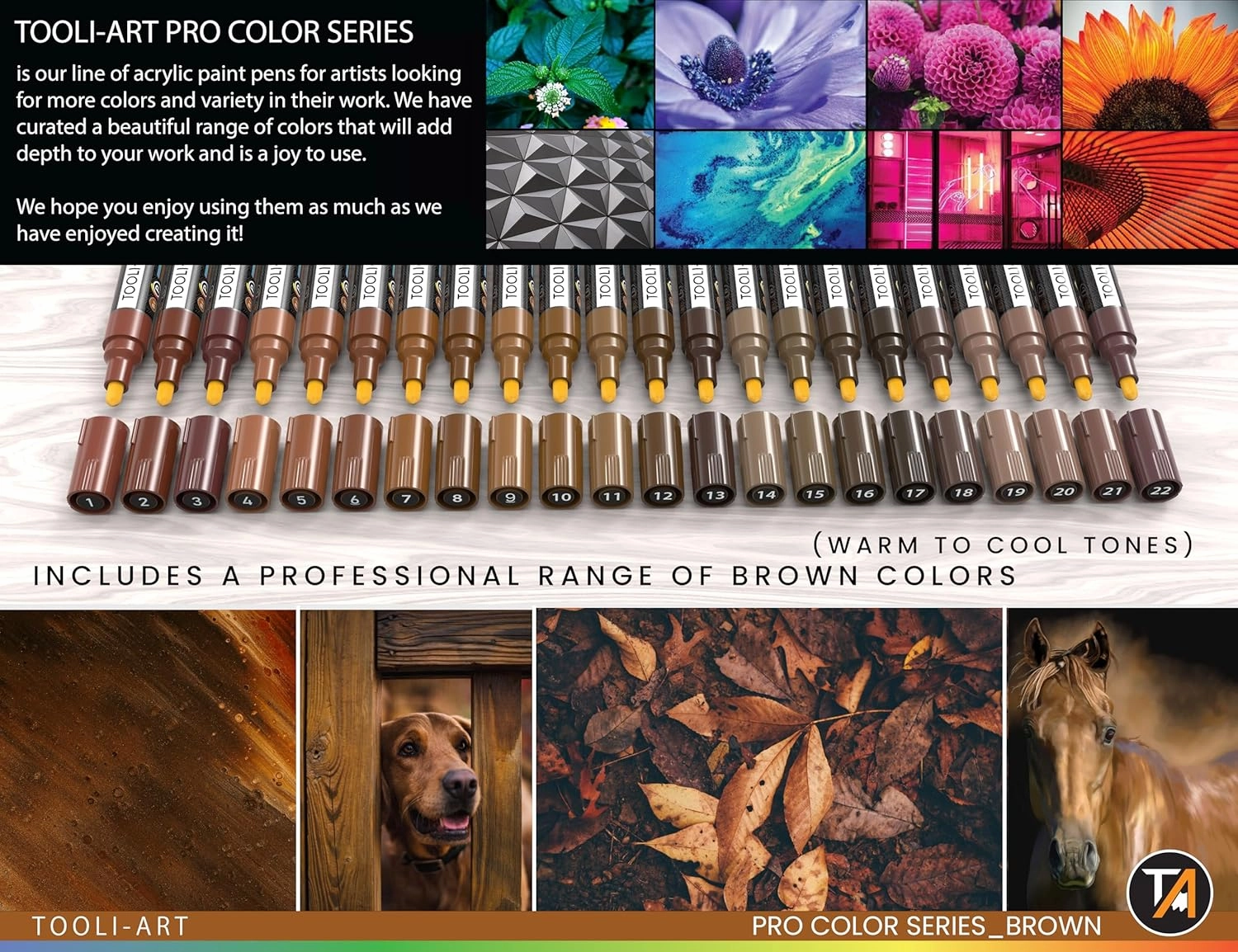 TOOLI-ART 22 Acrylic Paint Markers Pens Pro Color Series Set 3mm Medium Tip for Rock Painting, Glass, Mugs, Wood, Metal, Glass, Canvas, DIY. Non Toxic, Waterbased, Quick Drying (BROWN)