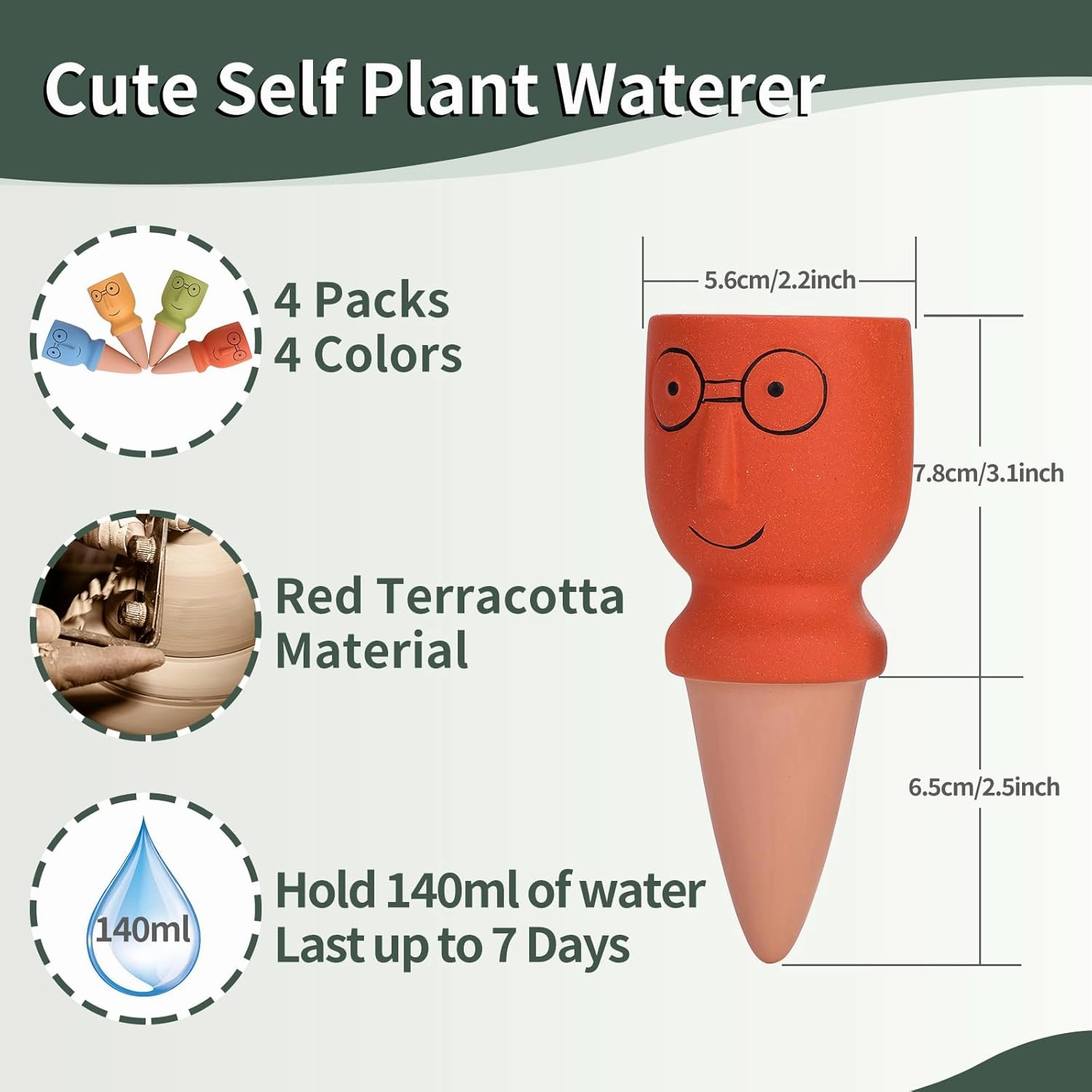 TopDirect Terracotta Watering Spikes 4 Pack, Cute Plant Self Watering Devices for Vacation, Slow System for Indoor Plants, Easy Planter Insert (Big Head With the Glasses)