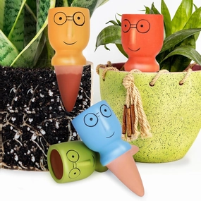 TopDirect Terracotta Watering Spikes 4 Pack, Cute Plant Self Watering Devices for Vacation, Slow System for Indoor Plants, Easy Planter Insert (Big Head With the Glasses)