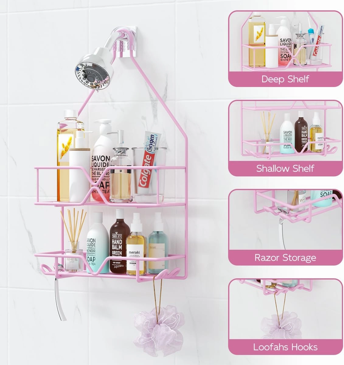 TreeLen Pink Shower Caddy Over Shower Head, Pink Bathroom Accessories, Gift for Girlfriend, Wife, Little Girl