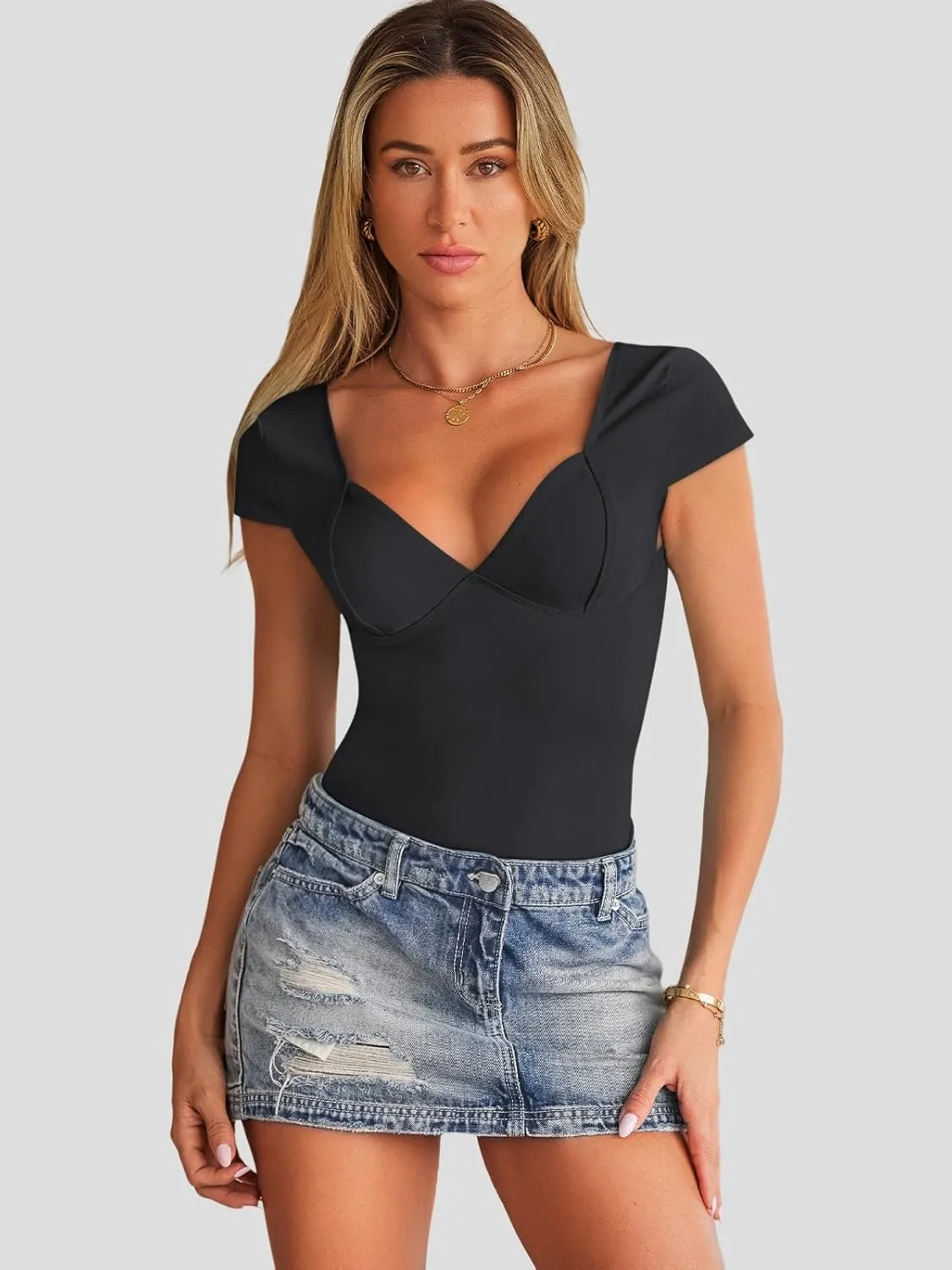 Trendy Queen Womens Summer V-Neck Backless Cute Tops Short Sleeve Sexy Slim Fit T-Shirts Y2K Clothes Corset Cami 2025