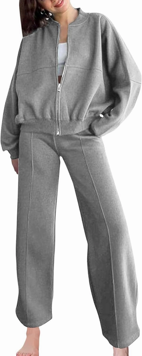 Two Piece Sets for Women Going Out Solid Zipper Sweatsuits Casual Straight Leg Pants Set 2 Piece Travel Outfits