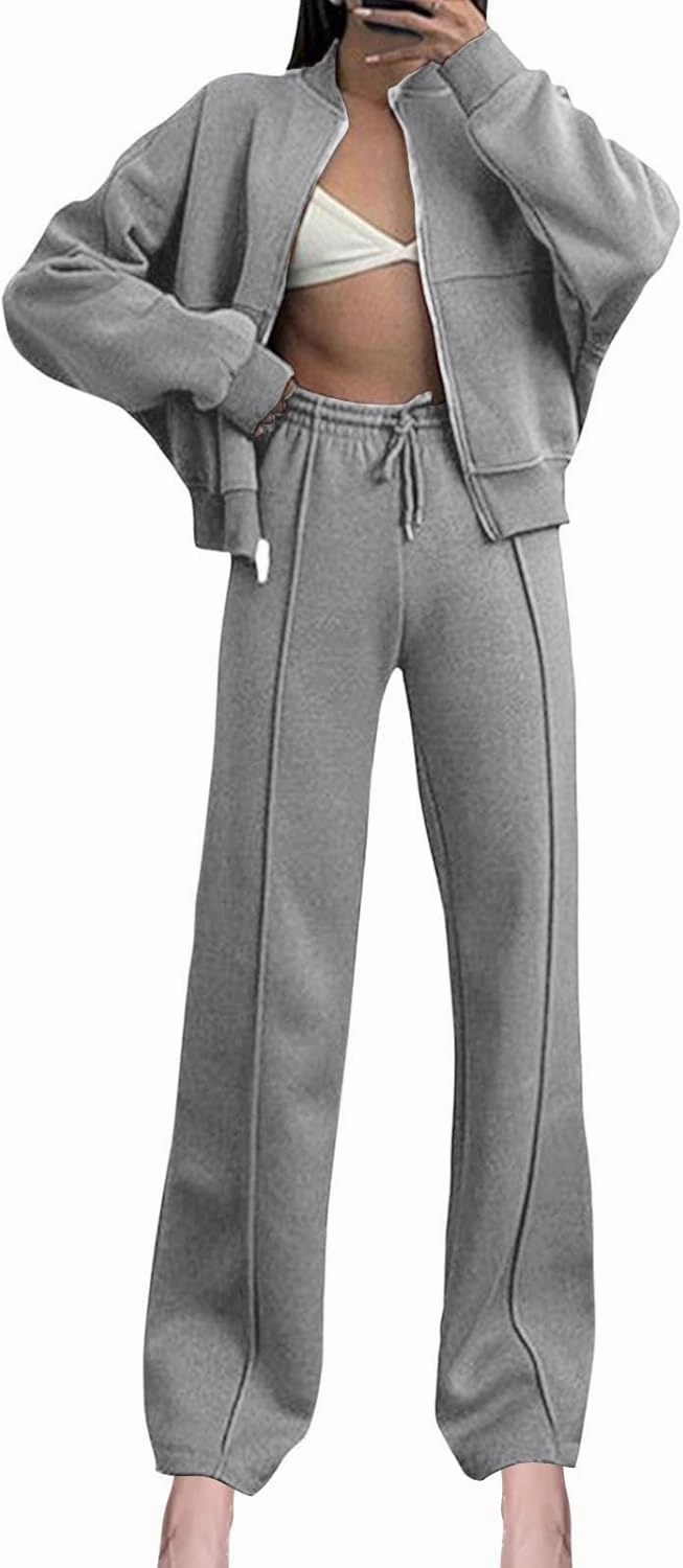 Two Piece Sets for Women Going Out Solid Zipper Sweatsuits Casual Straight Leg Pants Set 2 Piece Travel Outfits