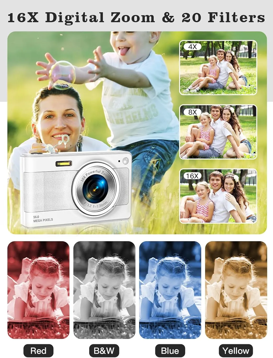 Upgrade Digital Camera, 56MP FHD 1080P for Kids with 16x Zoom Anti Shake, 32GB TF Card, Two Batteries, Lanyard, Compact Small for Boys Girls (White)