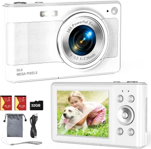 Upgrade Digital Camera, 56MP FHD 1080P for Kids with 16x Zoom Anti Shake, 32GB TF Card, Two Batteries, Lanyard, Compact Small for Boys Girls (White)