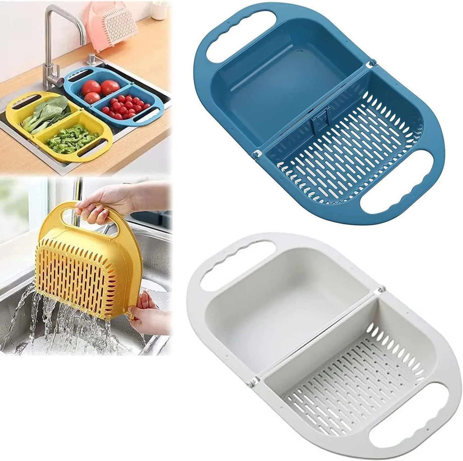 Upgraded Version Foldable Sink Colander Strainer Basket,Handbag Shape Sink Strainer Basket,Multifunction Hanging Colander Fruits and Vegetables Drain Basket for Kitchen (Blue Grey)