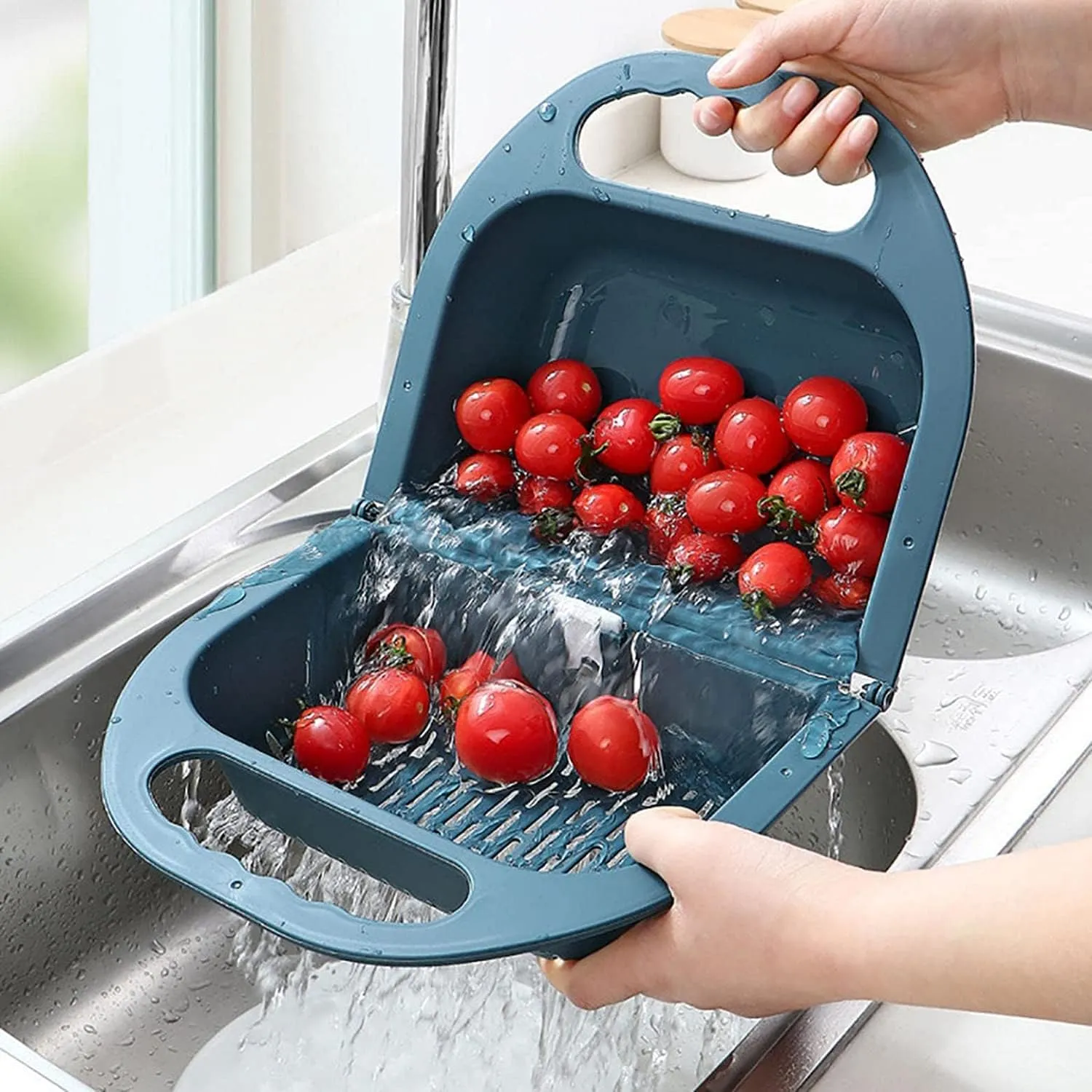 Upgraded Version Foldable Sink Colander Strainer Basket,Handbag Shape Sink Strainer Basket,Multifunction Hanging Colander Fruits and Vegetables Drain Basket for Kitchen (Blue Grey)