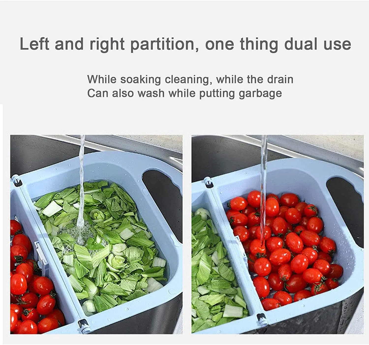 Upgraded Version Foldable Sink Colander Strainer Basket,Handbag Shape Sink Strainer Basket,Multifunction Hanging Colander Fruits and Vegetables Drain Basket for Kitchen (Blue Grey)