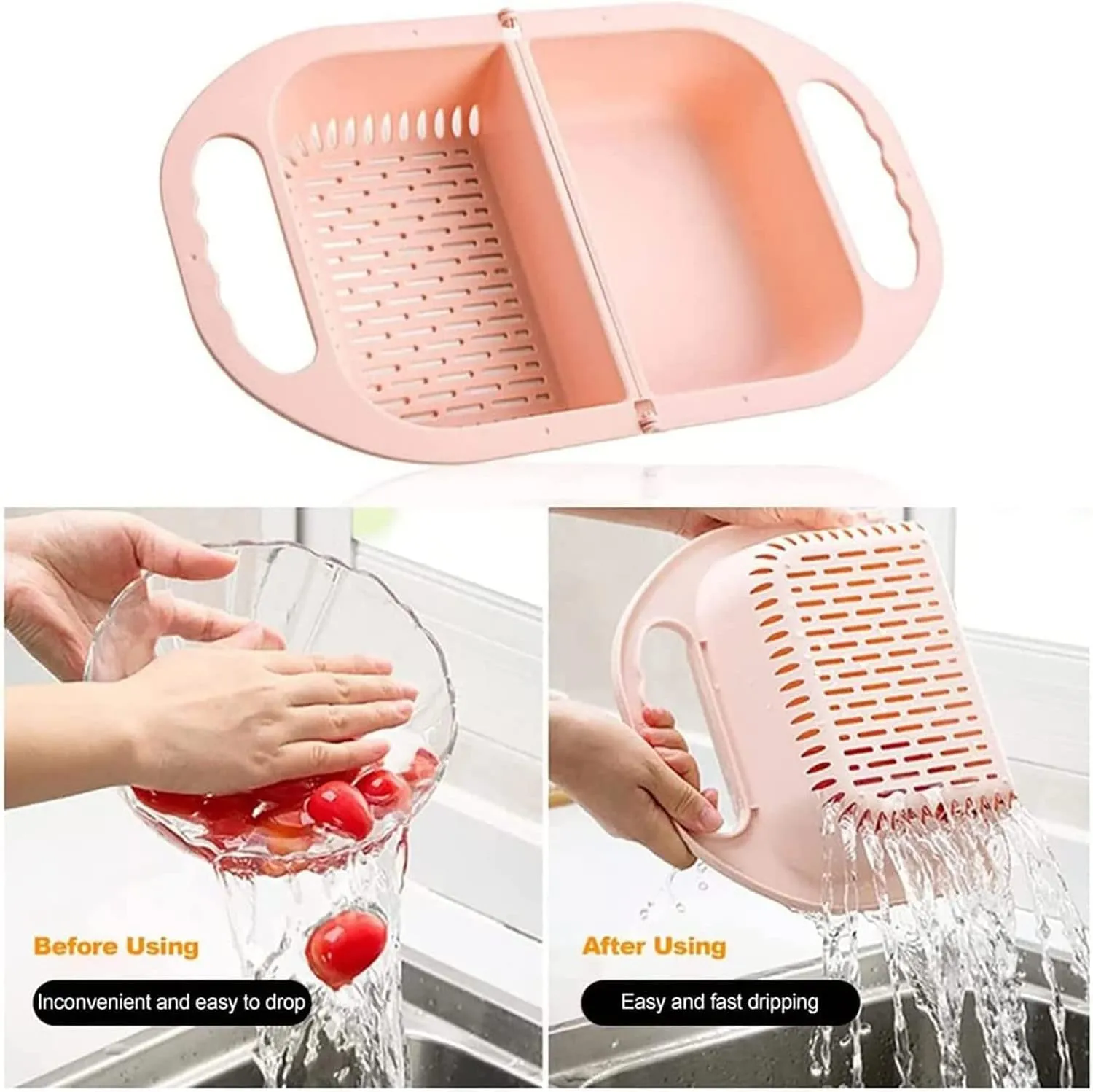 Upgraded Version Foldable Sink Colander Strainer Basket,Handbag Shape Sink Strainer Basket,Multifunction Hanging Colander Fruits and Vegetables Drain Basket for Kitchen (Blue Grey)