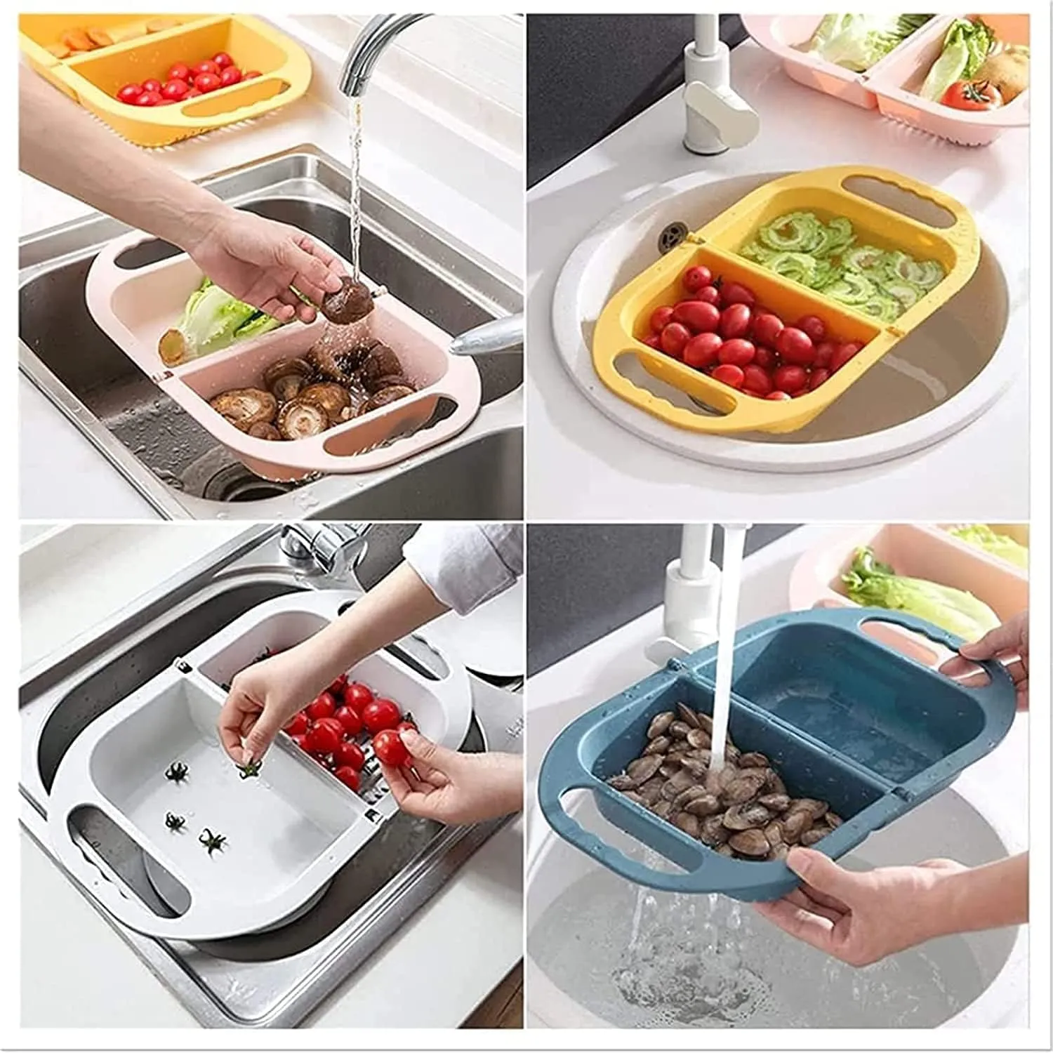 Upgraded Version Foldable Sink Colander Strainer Basket,Handbag Shape Sink Strainer Basket,Multifunction Hanging Colander Fruits and Vegetables Drain Basket for Kitchen (Blue Grey)