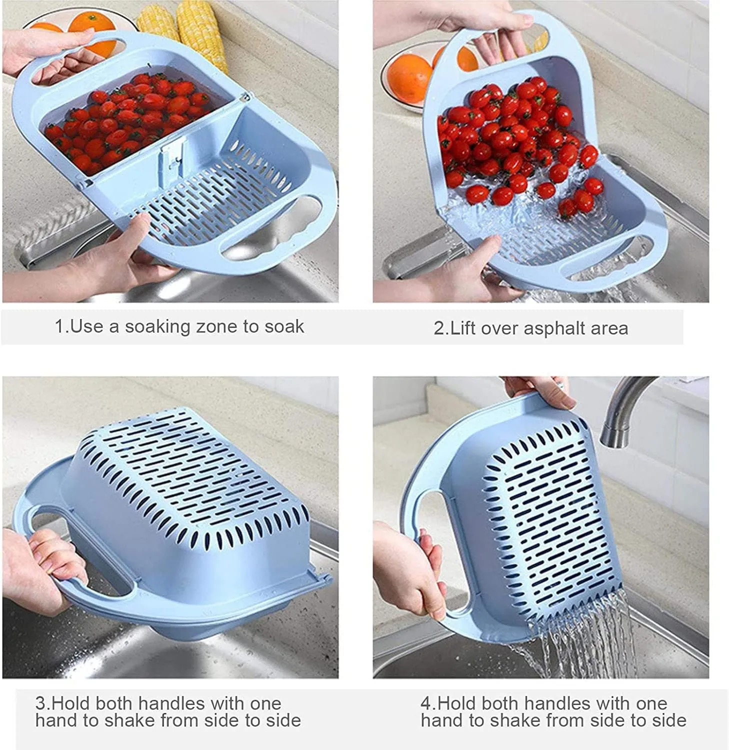 Upgraded Version Foldable Sink Colander Strainer Basket,Handbag Shape Sink Strainer Basket,Multifunction Hanging Colander Fruits and Vegetables Drain Basket for Kitchen (Blue Grey)