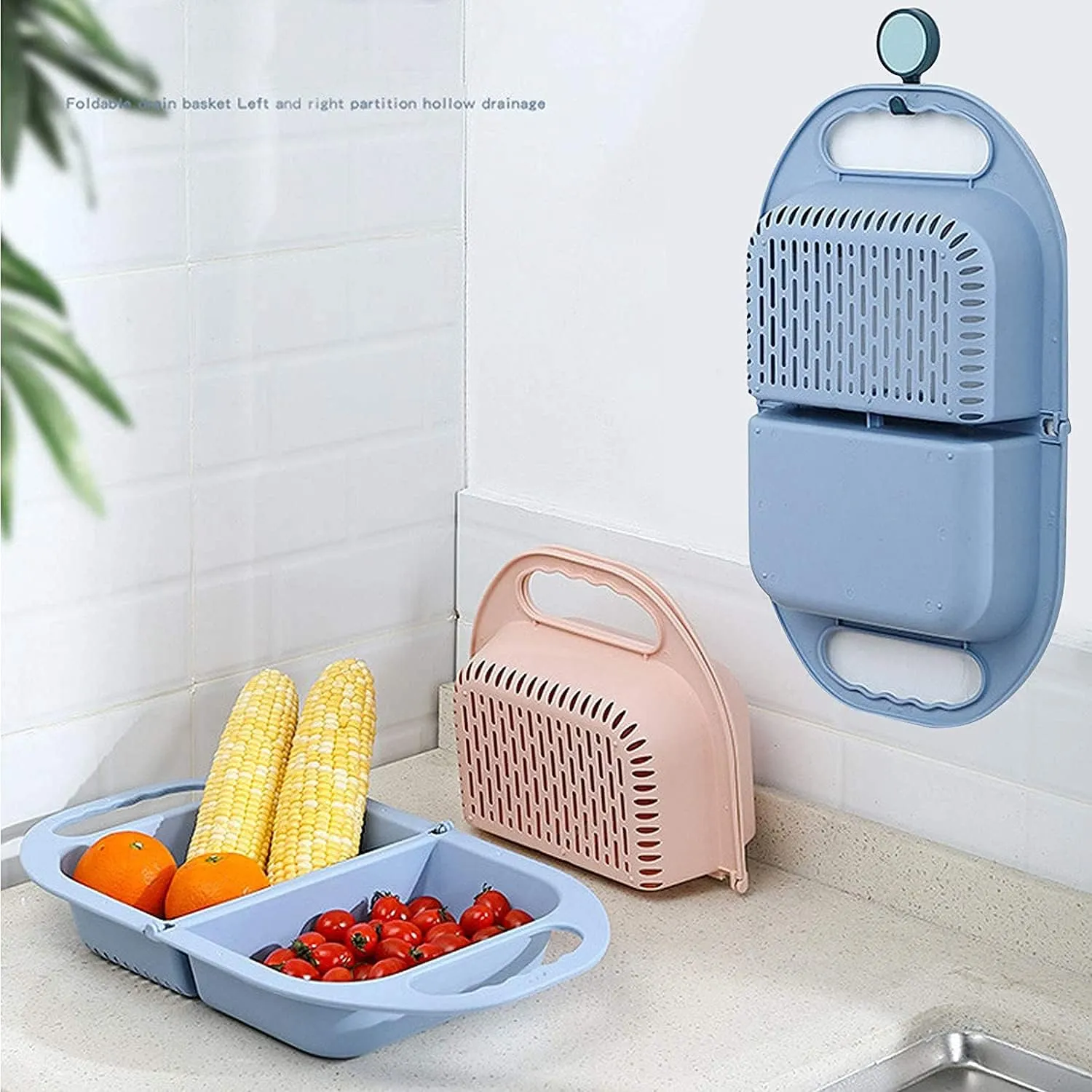 Upgraded Version Foldable Sink Colander Strainer Basket,Handbag Shape Sink Strainer Basket,Multifunction Hanging Colander Fruits and Vegetables Drain Basket for Kitchen (Blue Grey)