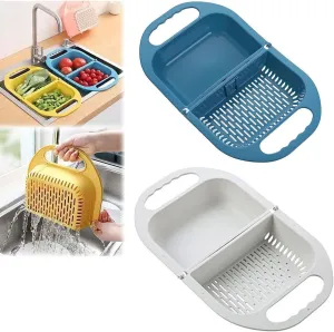 Upgraded Version Foldable Sink Colander Strainer Basket,Handbag Shape Sink Strainer Basket,Multifunction Hanging Colander Fruits and Vegetables Drain Basket for Kitchen (Blue Grey)